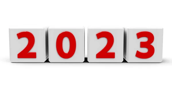 Белые Кубики Красным Номером 2023 Белом Столе Трехмерный Рендеринг Иллюстрация — стоковое фото