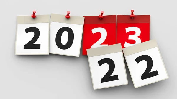 Таблиці Календарів Червоною Шпилькою Цифрами 2023 Сірому Фоні Представляють Початок — стокове фото