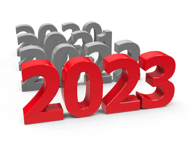 2023年は 新しい年を表す白いテーブルに来る2023年 三次元レンダリング 3Dイラスト — ストック写真