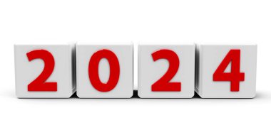 Kırmızı sayılı beyaz küpler- 2024 - beyaz bir tablo üzerinde, üç boyutlu çizim, üç boyutlu illüstrasyon