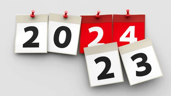 Gri zemin üzerinde kırmızı iğne ve 2024 numaralı takvim sayfaları yeni yıla 2024, üç boyutlu çizim, üç boyutlu illüstrasyon
