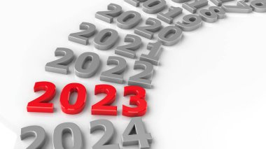 Çemberdeki 2023 geçişi yeni yıl 2023 'ü temsil ediyor, üç boyutlu çizim, üç boyutlu illüstrasyon