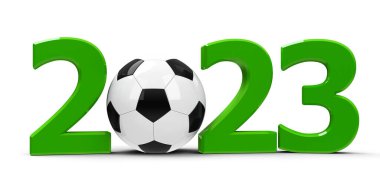 Yeşil 2023, beyaz arka planda izole edilmiş futbol, 2023 futbol müsabakasını temsil ediyor, üç boyutlu çizim, üç boyutlu illüstrasyon