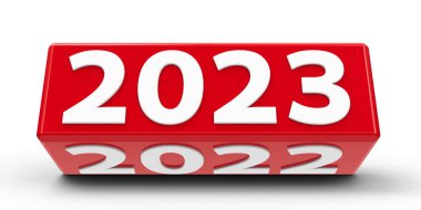Beyaz bir tablodaki 2023-2022 değişikliğiyle kırmızı küp (cuboid) yeni 2023, üç boyutlu çizim, üç boyutlu illüstrasyon