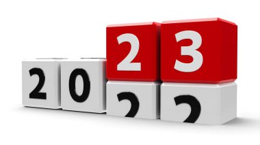 White cubes with 2022-2023 change on a white table represents the new 2023 year, three-dimensional rendering, 3D illustration
