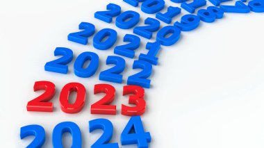 Çemberdeki 2023 geçişi yeni yıl 2023 'ü temsil ediyor, üç boyutlu çizim, üç boyutlu illüstrasyon