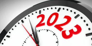 Black clock with 2023 represents coming new year 2023, three-dimensional rendering, 3D illustration