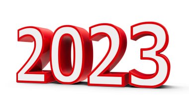 Red 2023 symbol, icon or button isolated on white background, represents the new year 2023, three-dimensional rendering, 3D illustration