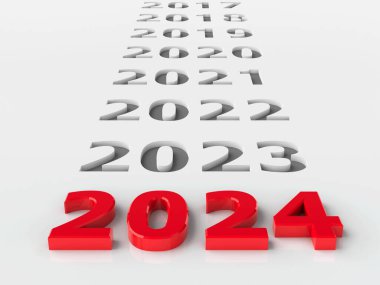 Gri arkaplanlı kırmızı 2024 numara yeni yıl 2024 'ü temsil ediyor, üç boyutlu çizim, üç boyutlu illüstrasyon