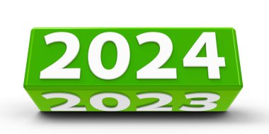 Beyaz bir tablodaki 2024-2023 değişikliğiyle yeşil küp (küboid) yeni 2024, üç boyutlu çizim, üç boyutlu illüstrasyon