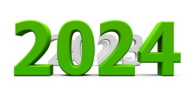 Yeşil 2024 yeni yılı temsil ediyor. 2024, üç boyutlu çizim, üç boyutlu illüstrasyon.