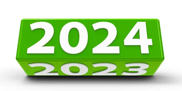白いテーブルの2024 2023の変更が付いている緑の立方体 Cuboid は新しい2024の3次元レンダリング 3Dのイラストを表します ロイヤリティフリーのストック画像