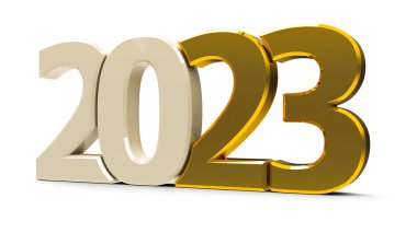 Altın 2023 sembolü, beyaz arkaplanda izole edilmiş simge veya düğme, yeni yıl 2023 'ü temsil ediyor, üç boyutlu çizim, üç boyutlu illüstrasyon