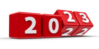 Beyaz masadaki 2022-2023 arası kırmızı küpler yeni 2023 'ü temsil ediyor, üç boyutlu çizim, üç boyutlu resimleme
