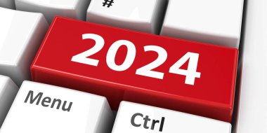 2024 tuşlu bilgisayar klavyesi yeni 2024 yılı, üç boyutlu görüntülemeyi, üç boyutlu illüstrasyonu temsil ediyor