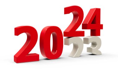 2023-2024 değişimi yeni yılı temsil ediyor. 2024, üç boyutlu çizim, üç boyutlu illüstrasyon.