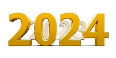 Altın 2024 yeni yılı temsil ediyor. 2024, üç boyutlu çizim, üç boyutlu illüstrasyon.
