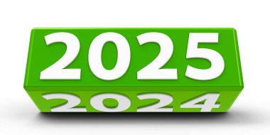 Beyaz bir tablodaki 2025-2024 değişimiyle yeşil küp (küboid) yeni 2025, üç boyutlu çizim, üç boyutlu illüstrasyon