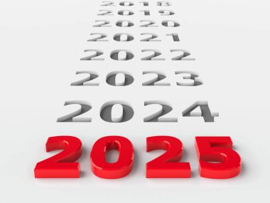 Gri arkaplanda 2025 numaralı kırmızı numara yeni yılı temsil ediyor. 2025, üç boyutlu çizim, üç boyutlu illüstrasyon.