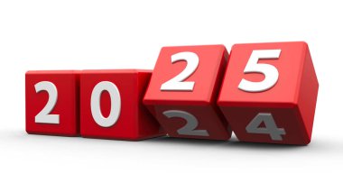 Beyaz bir tabloda 2024-2025 yılları arasında değişen kırmızı küpler yeni 2025 yılını temsil ediyor, üç boyutlu çizim, üç boyutlu illüstrasyon