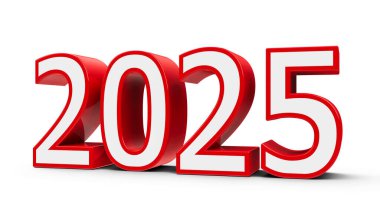 Kırmızı 2025 sembolü, beyaz arkaplanda izole edilmiş simge veya düğme, yeni yıl 2025 'i, üç boyutlu canlandırmayı, üç boyutlu illüstrasyonu temsil eder.