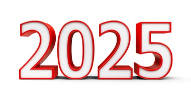 Kırmızı 2025 sembolü, beyaz arkaplanda izole edilmiş simge veya düğme, yeni yıl 2025 'i, üç boyutlu canlandırmayı, üç boyutlu illüstrasyonu temsil eder.