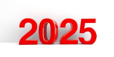 Kırmızı 2025 sembolü, beyaz duvardaki simge veya düğme, yeni yıl 2025 'i temsil ediyor, üç boyutlu çizim, üç boyutlu illüstrasyon