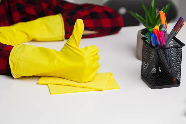 Cleaner Cleaning Desk With Rag In Office.