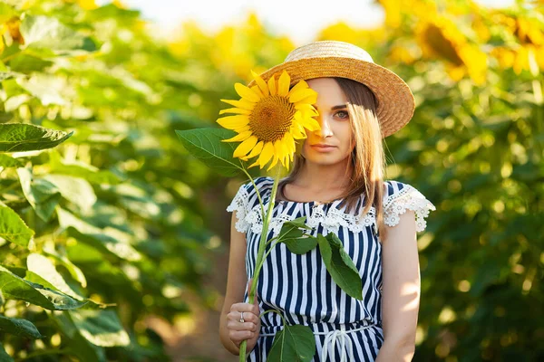Mladá Žena Drží Slunečnici Kvetoucím Poli Slunečnic — Stock fotografie