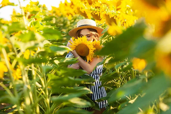 Schöne Mädchen Genießen Die Natur Auf Dem Feld Der Sonnenblumen — Stockfoto