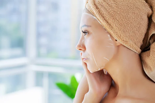 Cheerful Woman Towel Her Head Face Mask Clean Skin — Stock Photo, Image
