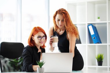 İşyerinde çalışan iki kızıl saçlı iş kadını. Ofisteki bilgisayarlarında bir dizüstü bilgisayar var..