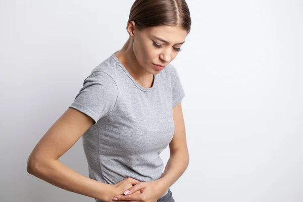 Mujer Con Dolor Estómago Menstruación Cuidado Salud Concepto Médico — Foto de Stock