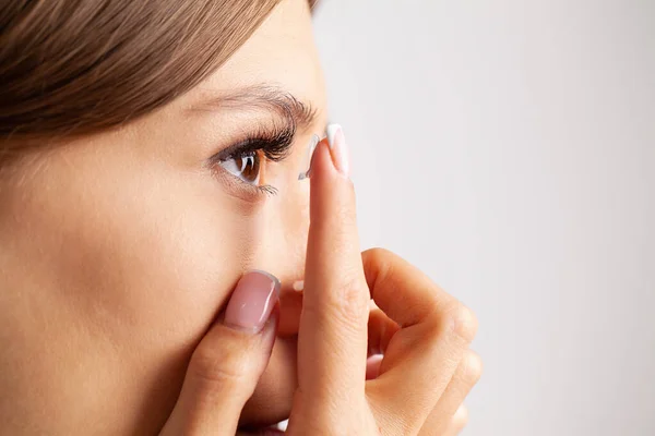 Woman Holds Contact Lens Her Finger Eye Care Choice Means — Stock Photo, Image