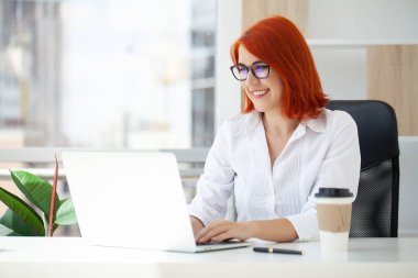 Güzel, gülümseyen, kızıl saçlı bir iş kadını ofiste poz veriyor.