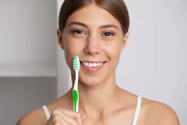 Happy Lady Brushing Teeth Toothbrush Standing Bathroom Royalty Free Stock Images
