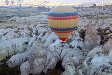 Cappadocia hot air baloon trip, Turkey. Tourists on board Hot air baloons are flying over Cappadocia