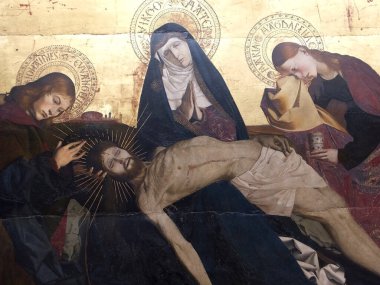 Villeneuve-les-Avignon 'un Paris Louvre Müzesi' ndeki Pieta 'sının detayları. Paneldeki bir tablo, 1455 'te, Provence Okulu' nun bir başyapıtı. 