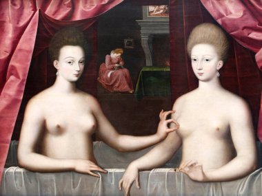Gabrielle d 'estrees ve kız kardeşinin Fransa, Paris' teki Louvre Müzesi 'ndeki portrelerinin ayrıntıları. Louvre, Seine Nehri 'nin sağ kıyısında bulunan bir sanat müzesi.