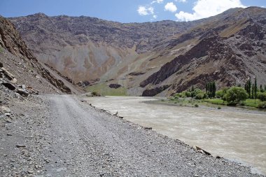 Tacikistan 'daki Gorno-Badakhshan' daki Bartang Nehri 'nin manzarası. Badakhshan, Tacikistan 'ın doğusunda, Pamir Dağları' nda özerk bir bölgedir.