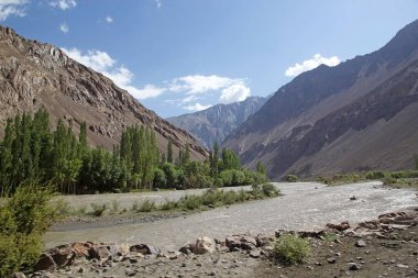 Tacikistan 'daki Gorno-Badakhshan' daki Bartang Nehri 'nin manzarası. Badakhshan, Tacikistan 'ın doğusunda, Pamir Dağları' nda özerk bir bölgedir.