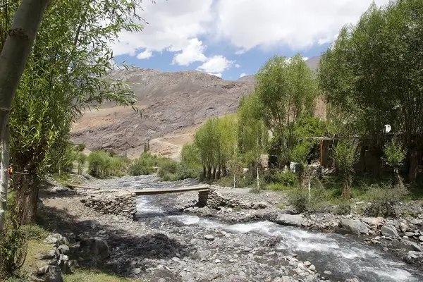 Tacikistan 'daki Gorno-Badakhshan' daki Bartang Vadisi 'ndeki köprü. Badakhshan, Tacikistan 'ın doğusunda, Pamir Dağları' nda özerk bir bölgedir.