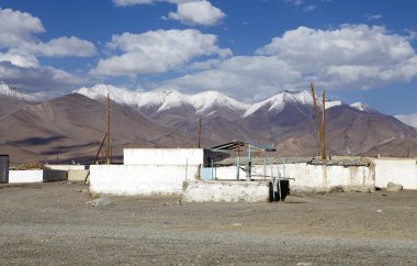 Karakul village in the Pamir Mountains of Gorno-Badakhshan in Tajikistan. It is a small villa along the shoire of Karakul Lake clipart