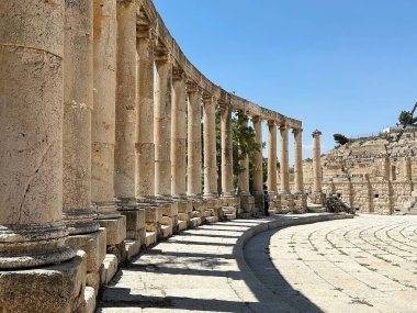 Antik Gerasa şehri, şimdi Jerash, Ürdün. Oval PLaza. Yunan-Roma şehri Jerash, Gerasa olarak bilinen Yunan, Yunan, Roma ve Bizans dönemlerinde gelişti.