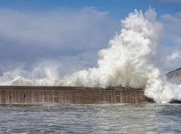 Big Wave Splashing Plentzia Jetty Stock Photo