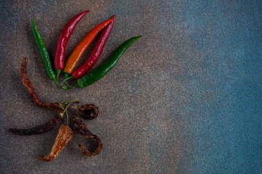 Dried and fresh red and green chili peppers on a colored background