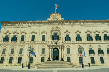 Entrance to Auberge de Castille. Valletta, Malta. There are cannons in front of the entrance. Office of the Prime Minister, Valletta, Malta