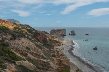 Afrodit Sahili, Paphos, Kıbrıs 'ın panoramik manzarası