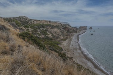 Afrodit Sahili, Paphos, Kıbrıs 'ın panoramik manzarası