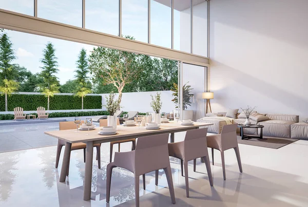 Modern living room and dining room with pool terrace background 3d render,decorated with brown furniture,There are large open sliding door Overlooking swimming pool and nature view.